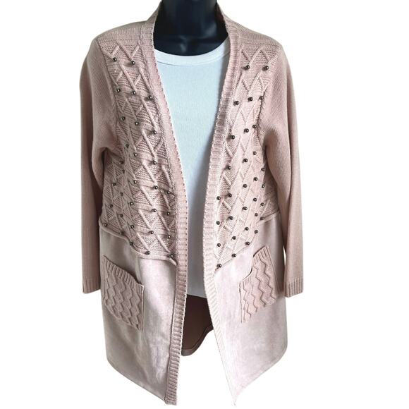 Luxe Boho Blush Cardigan Simply Couture Wool Blend Studded Knit Suede Pockets M - Picture 1 of 7